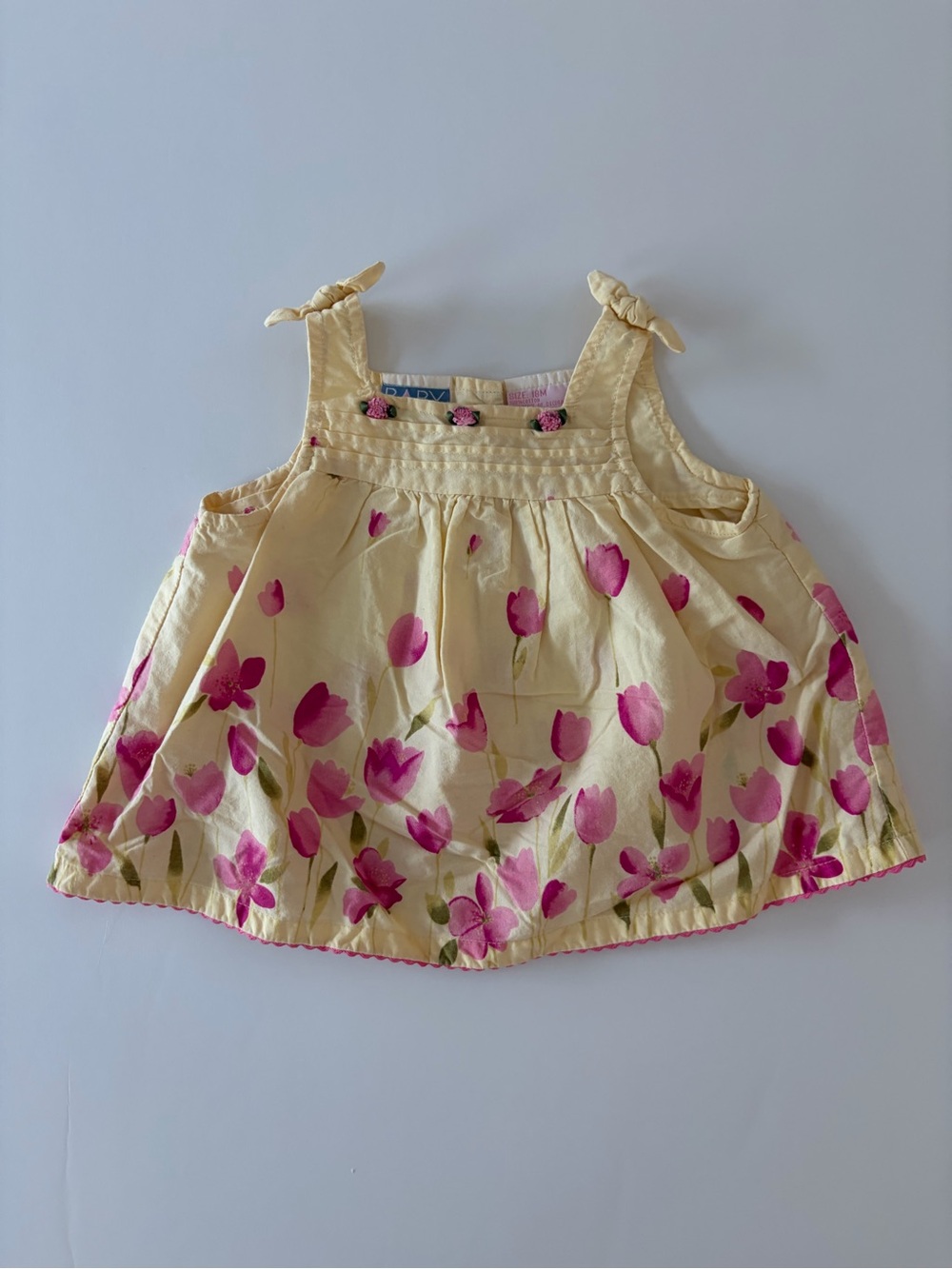 Baby Headquarters Vintage Yellow w Pink Tulips Cotton Top Cottage Core 18 Mo